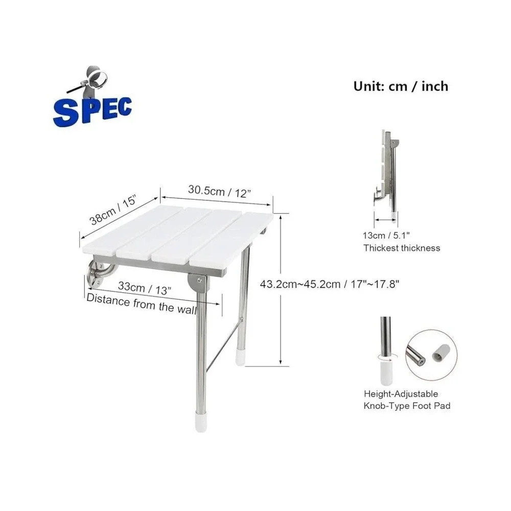 JCWANGDEFU Folding Wall-Mounted Shower Seat White 350 Lb Capacity Adjustable‎
